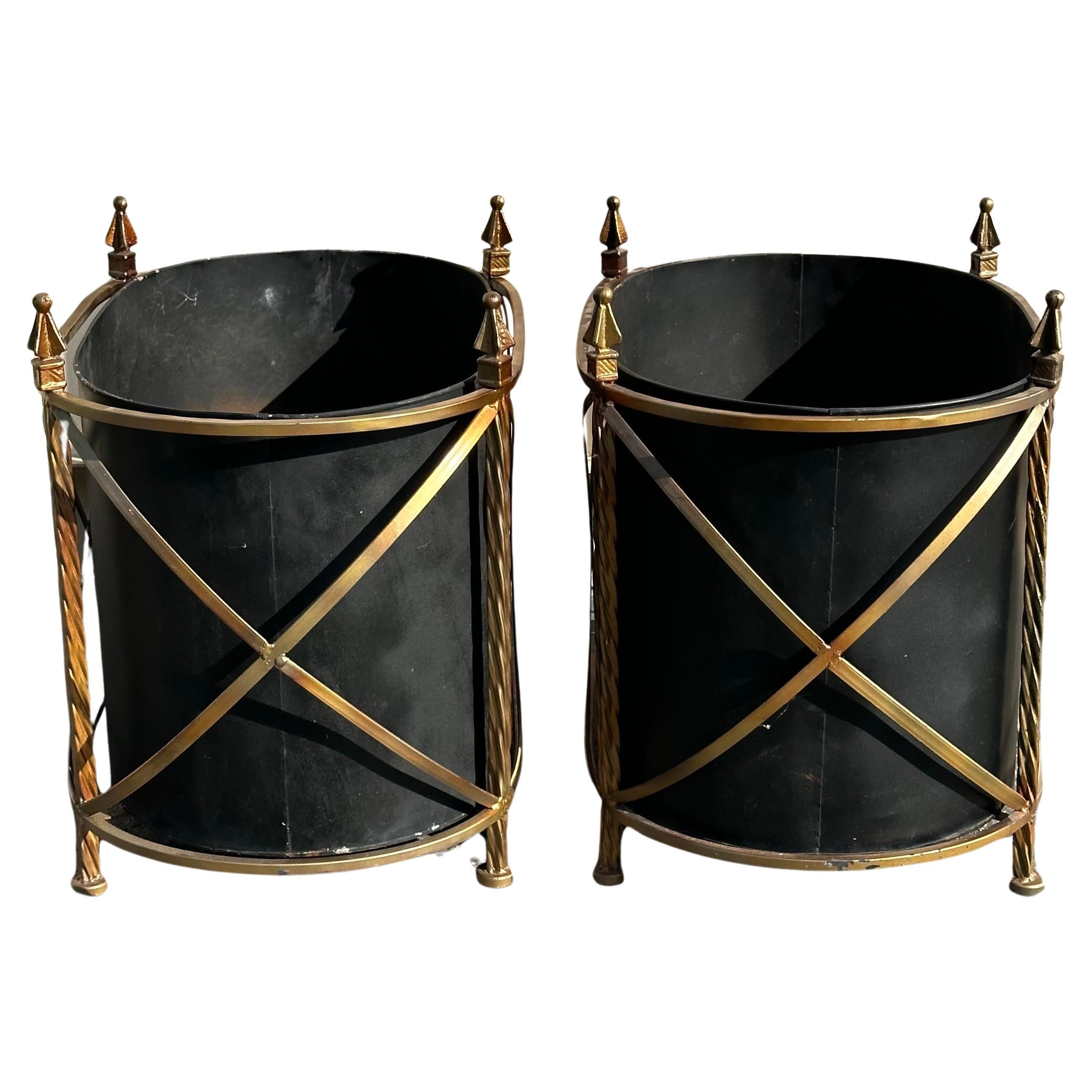 Pair of Vintage Metal and Wrought Iron Jardinieres / Planters In Good Condition In San Diego, CA