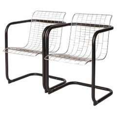 Pair of Vintage Metal Armchairs – Chrome Wire Mesh & Black Frame – Italy 1980s