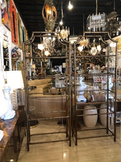 Pair of Vintage Metal Faux Bamboo Pagoda Étagères Glass Display Shelves