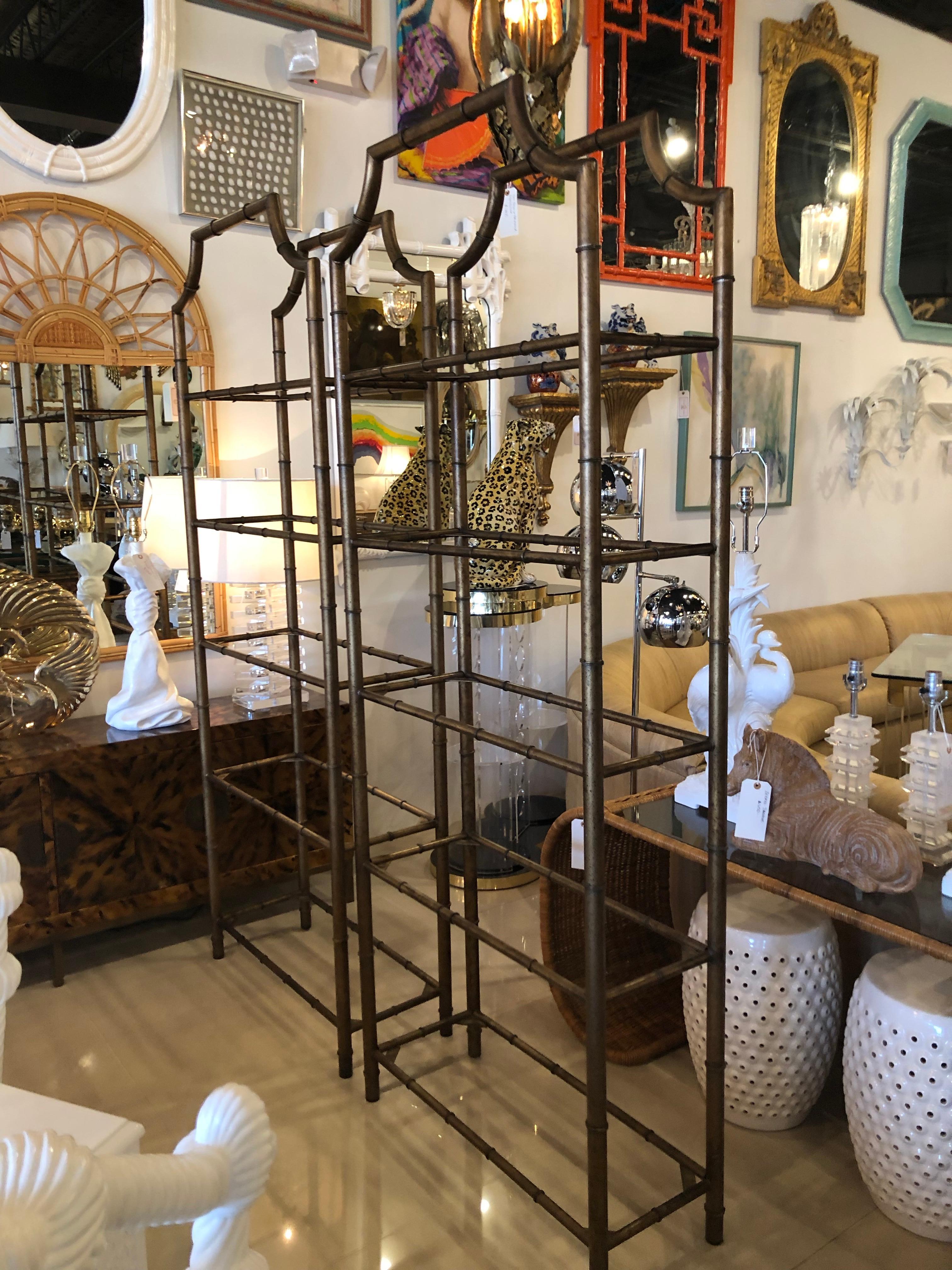 Pair of Vintage Metal Faux Bamboo Pagoda Étagères Glass Display Shelves In Good Condition In West Palm Beach, FL