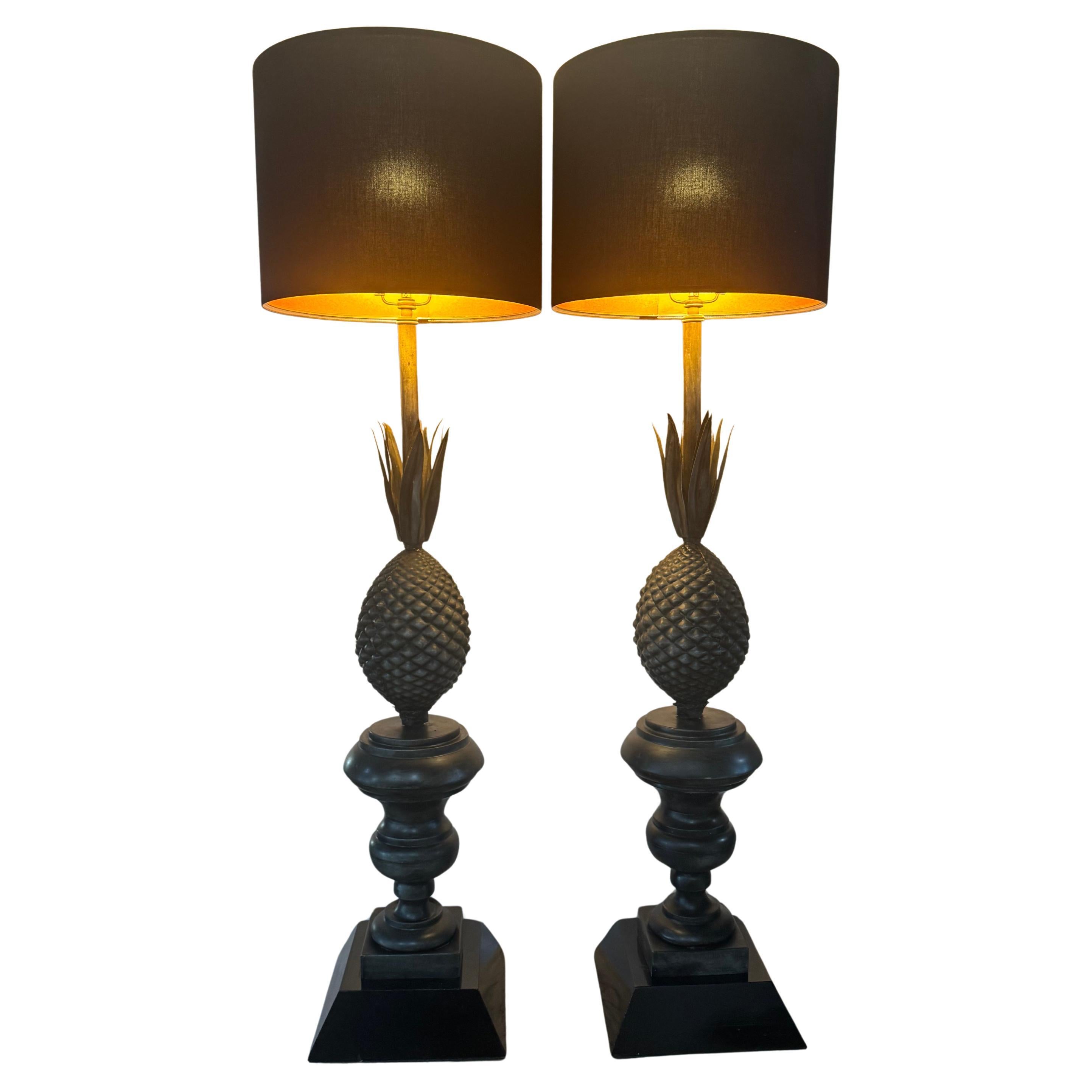 Pair of Vintage Metal Pineapple Table Lamps – Ornate Neoclassical Style