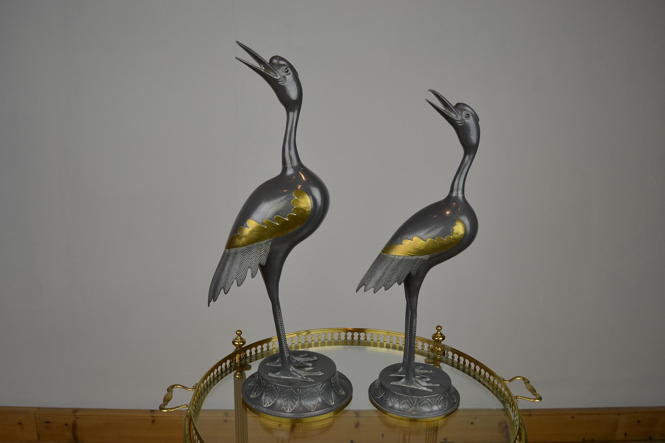 Pair of Vintage Metal with Brass Crane Bird Sculptures, 1970s, Europe 10