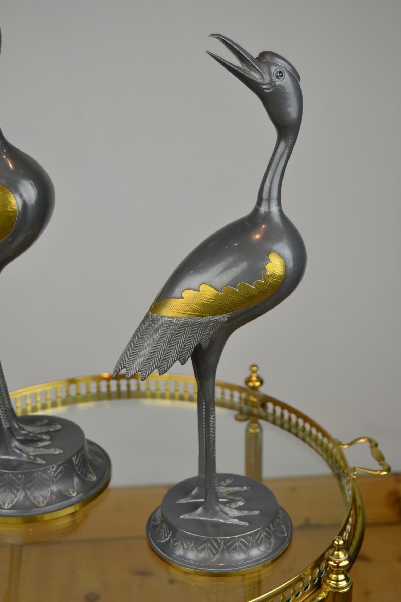 Pair of Vintage Metal with Brass Crane Bird Sculptures, 1970s, Europe 12
