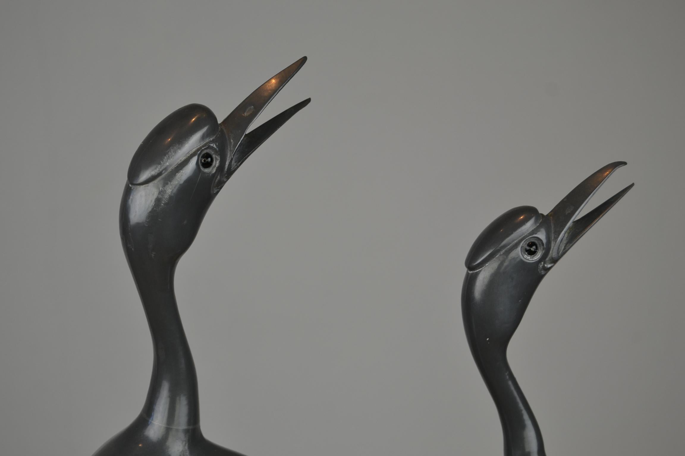 European Pair of Vintage Metal with Brass Crane Bird Sculptures, 1970s, Europe