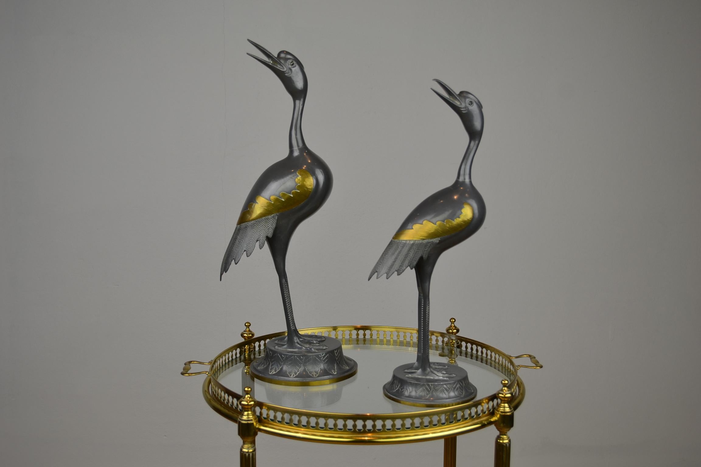 Pair of Vintage Metal with Brass Crane Bird Sculptures, 1970s, Europe In Good Condition In Antwerp, BE