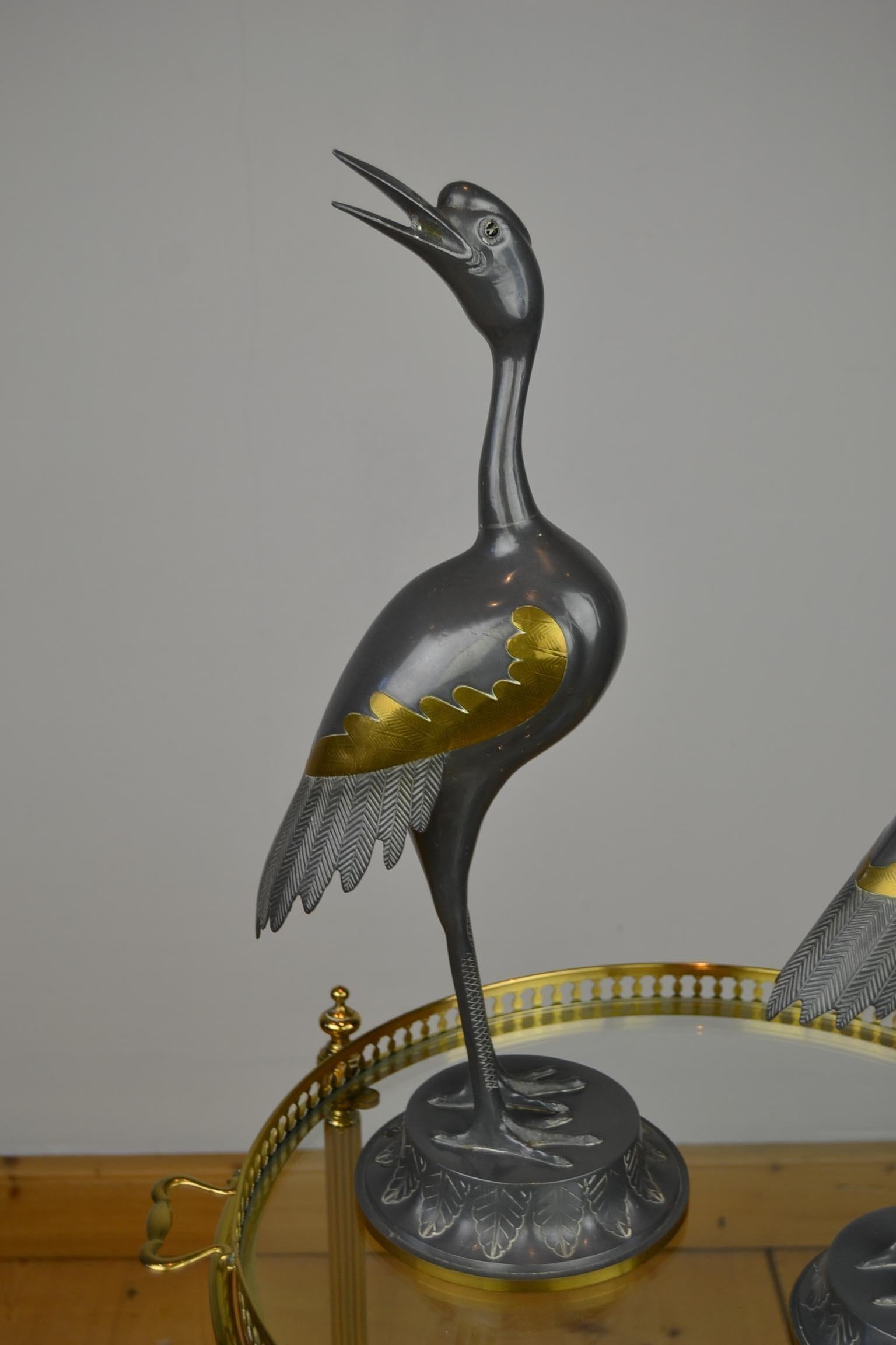 Pair of Vintage Metal with Brass Crane Bird Sculptures, 1970s, Europe 1