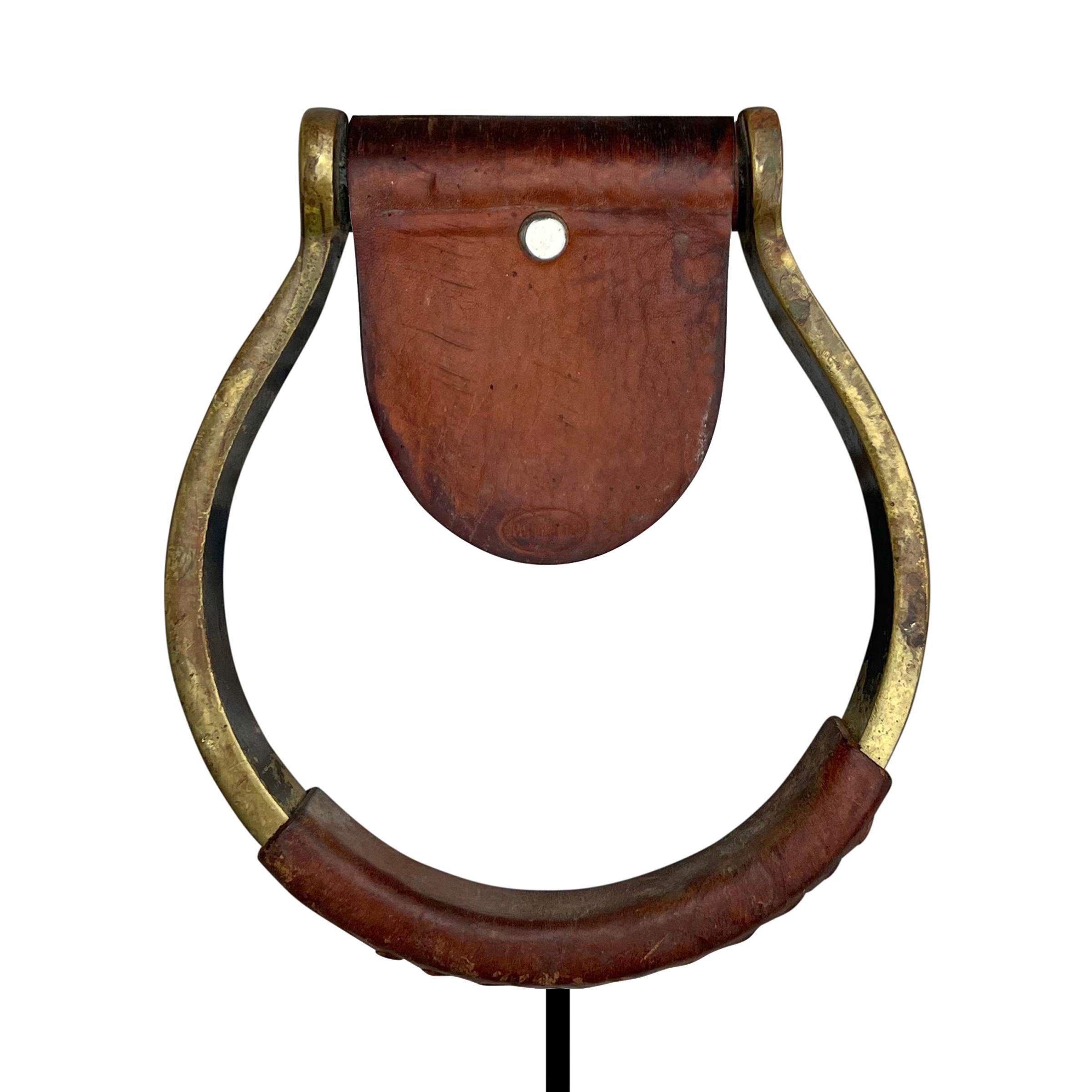 Country Pair of Vintage Mexican Brass and Leather Stirrups on Custom Mounts