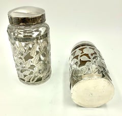 Pair of Vintage Mexican Floral Sterling Silver Overlay Glass Jars