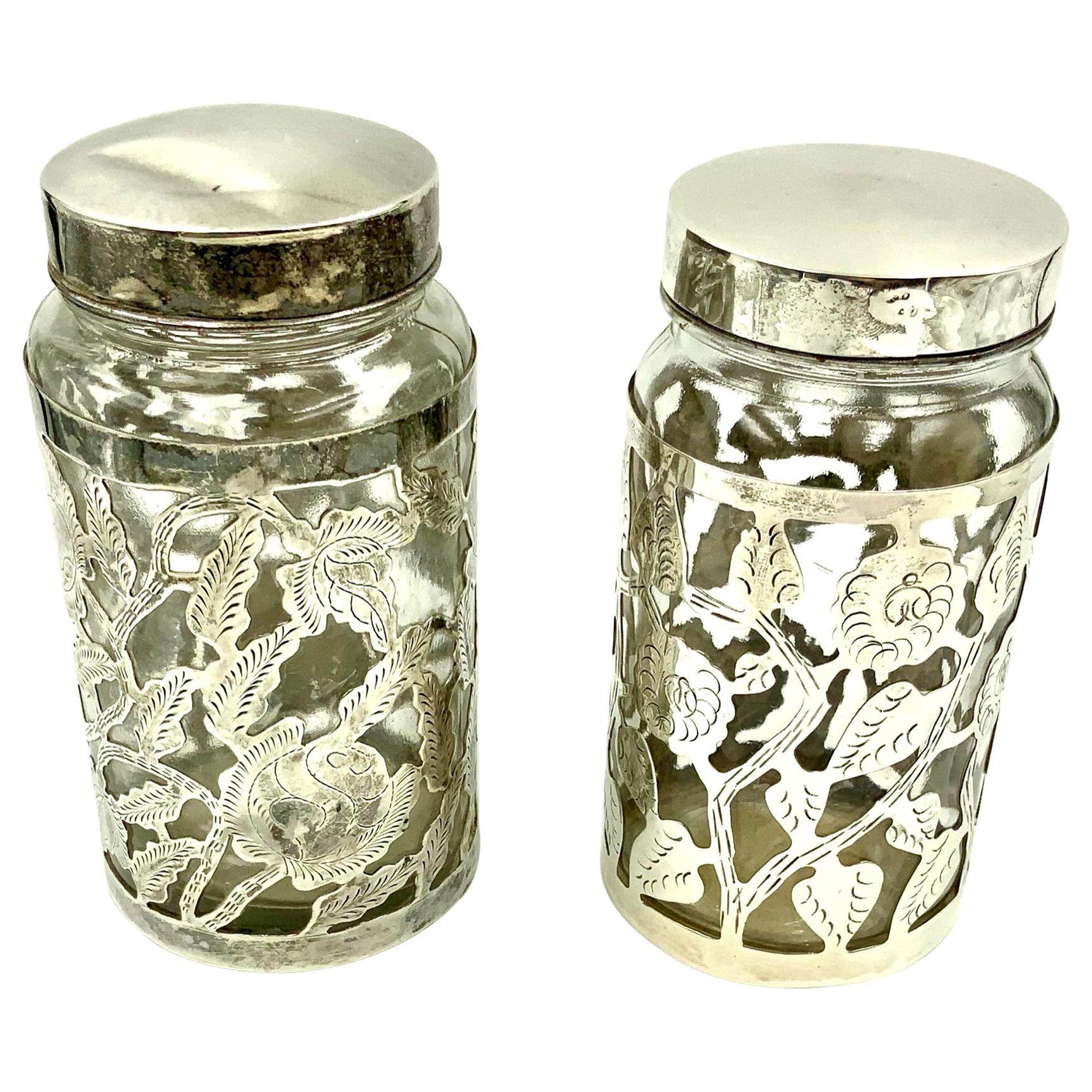 Pair of Vintage Mexican Floral Sterling Silver Overlay Glass Jars