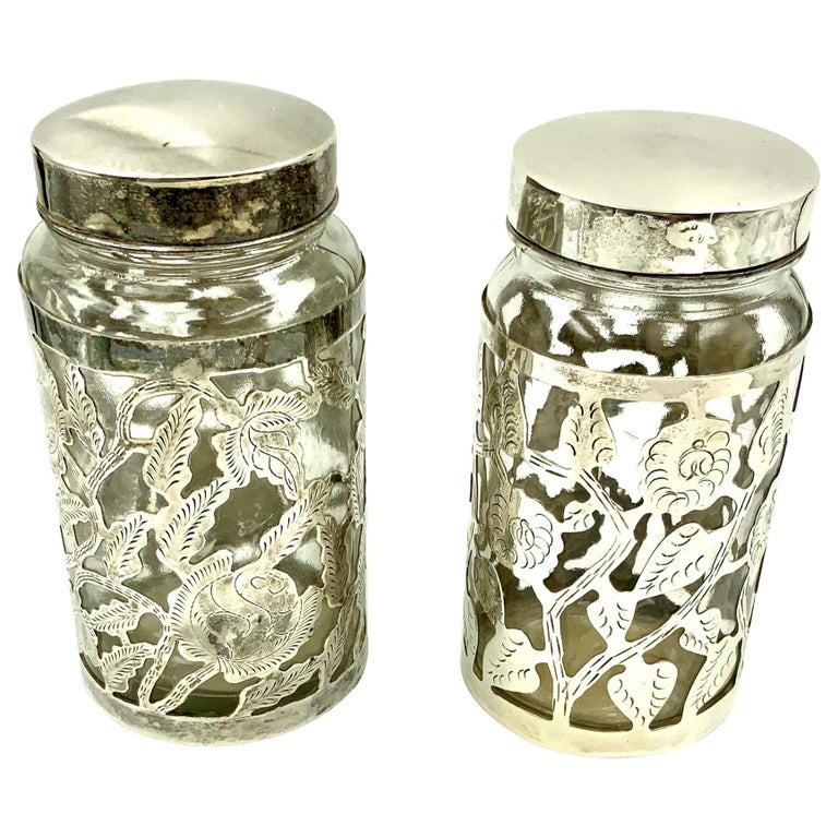 Pair of Vintage Mexican Floral Sterling Silver Overlay Glass Jars For