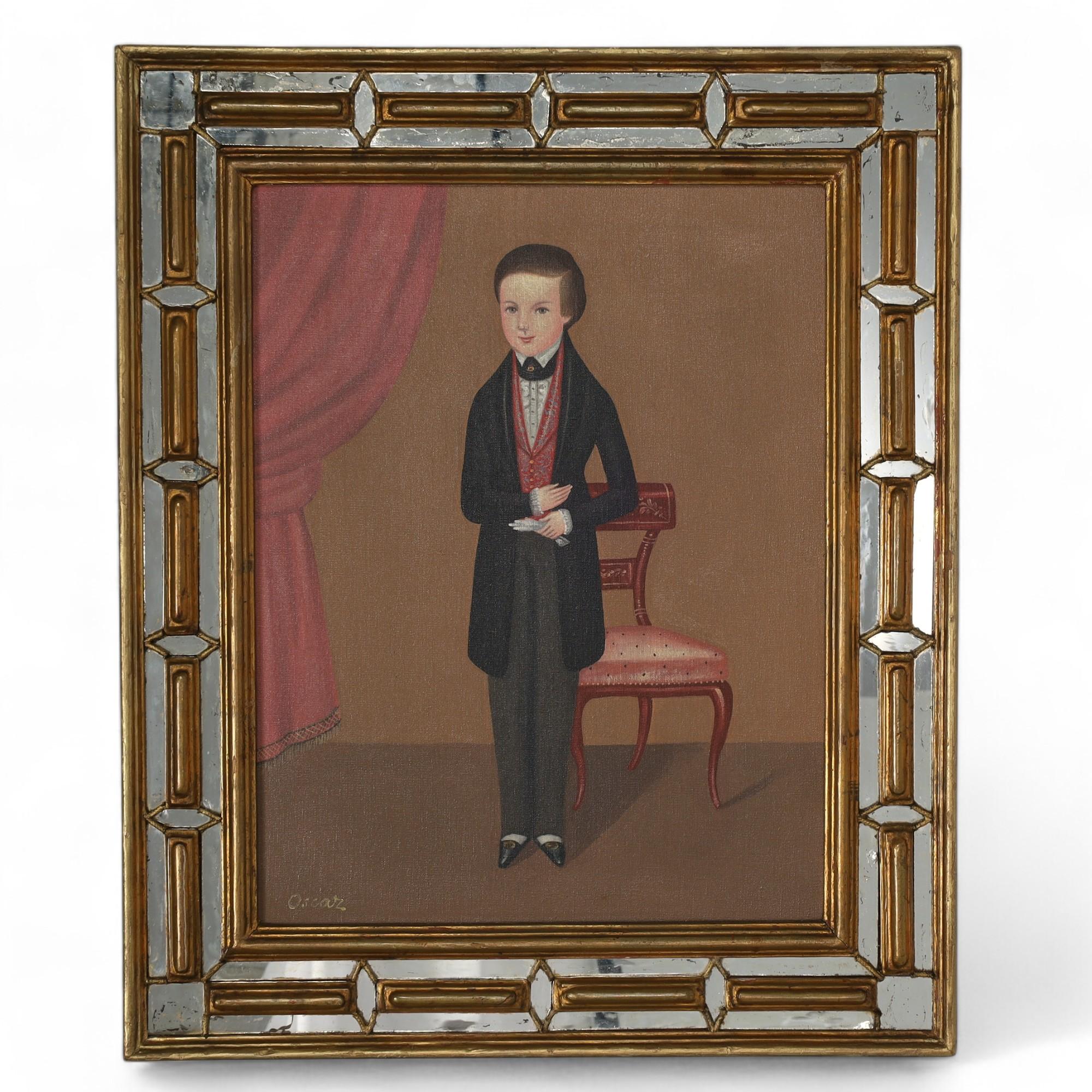 Double take pair of vintage Mexican oil paintings on canvas of a man and a woman in interior settings executed in a distinctive naive style, signed Oscar and presented in gilt wood and mirror frames. 