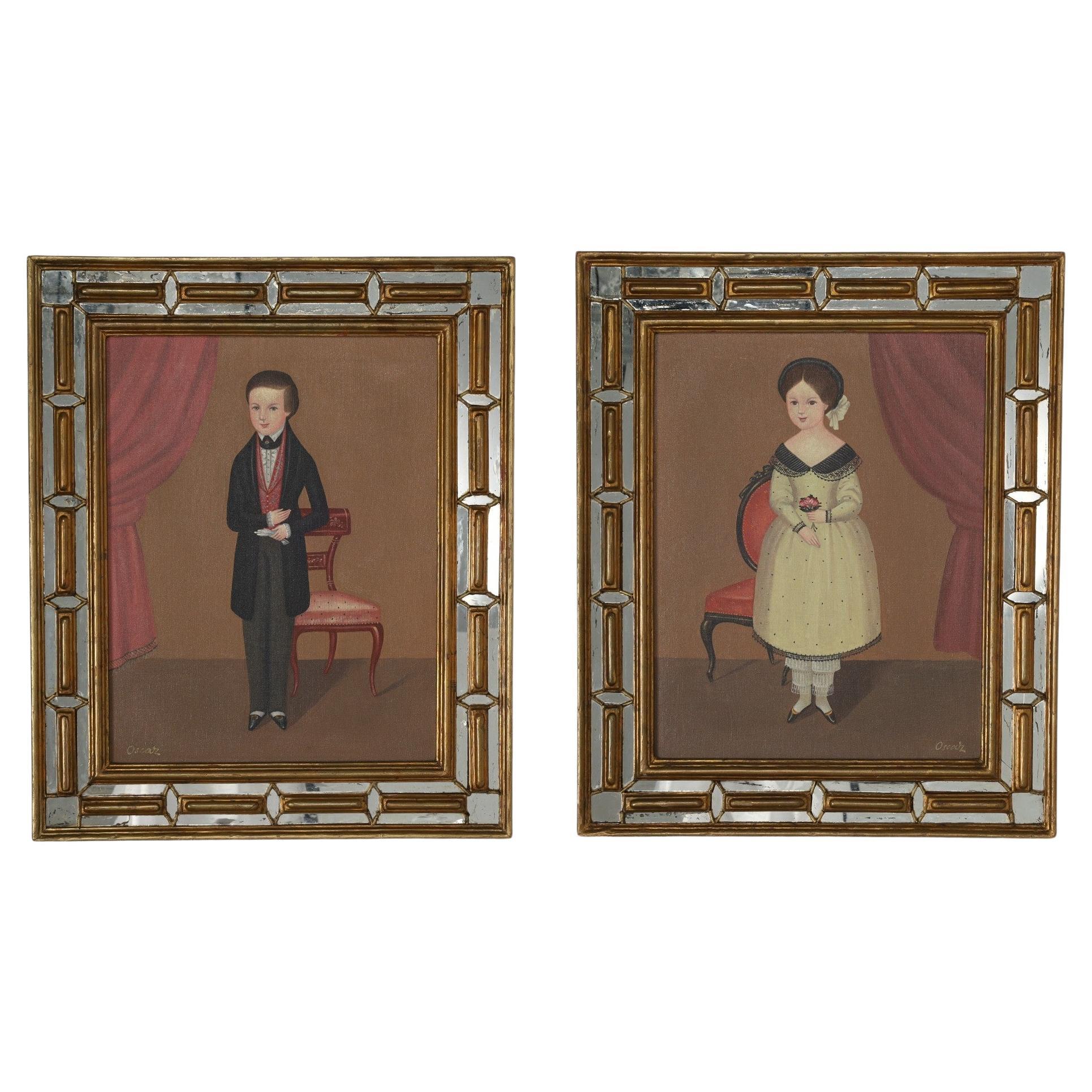 Coppia di dipinti d'arte popolare messicana d'epoca raffiguranti un uomo e una donna di Oscar Bernach