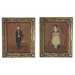 Pair of Vintage Mexican Folk Art Paintings of a Man and a Woman by Oscar Bernach