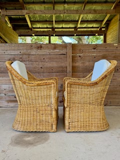 Pair of Vintage Michael Taylor Style Braided Rattan Wicker Lounge Armchairs