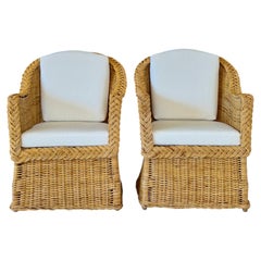 Pair of Vintage Michael Taylor Style Braided Rattan Wicker Lounge Armchairs