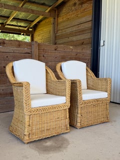 Pair of Vintage Michael Taylor Style Braided Rattan Wicker Lounge Side Armchairs
