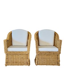 Pair of Vintage Michael Taylor Style Braided Rattan Wicker Lounge Side Armchairs