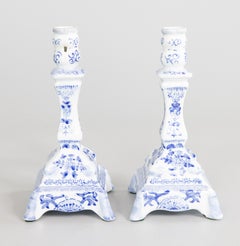 Pair of Vintage Mid-20th Century Delft Style Floral Candlesticks