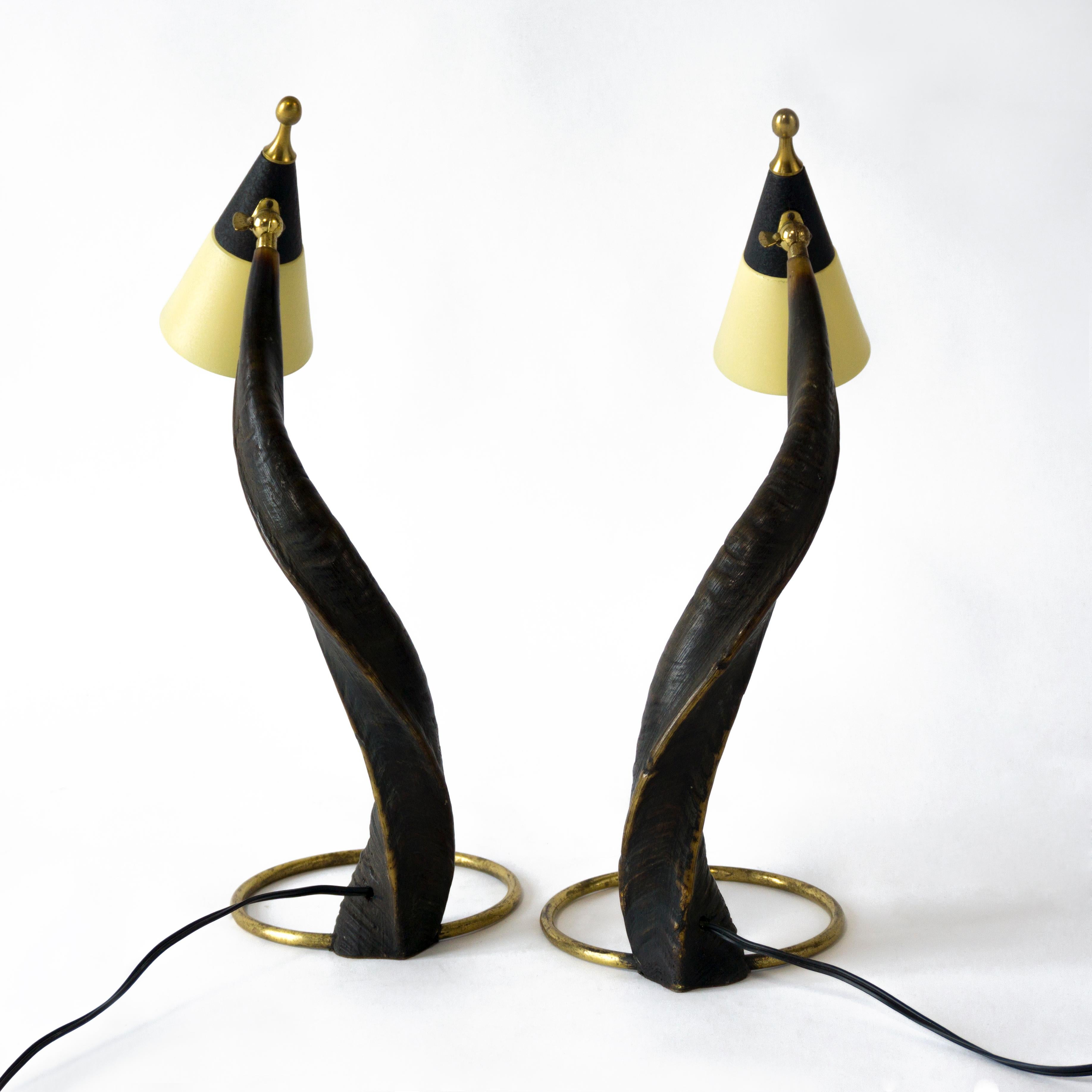 European  Pair of Vintage Mid Century 1950s Horn & Brass Bedside Table Lamps For Sale