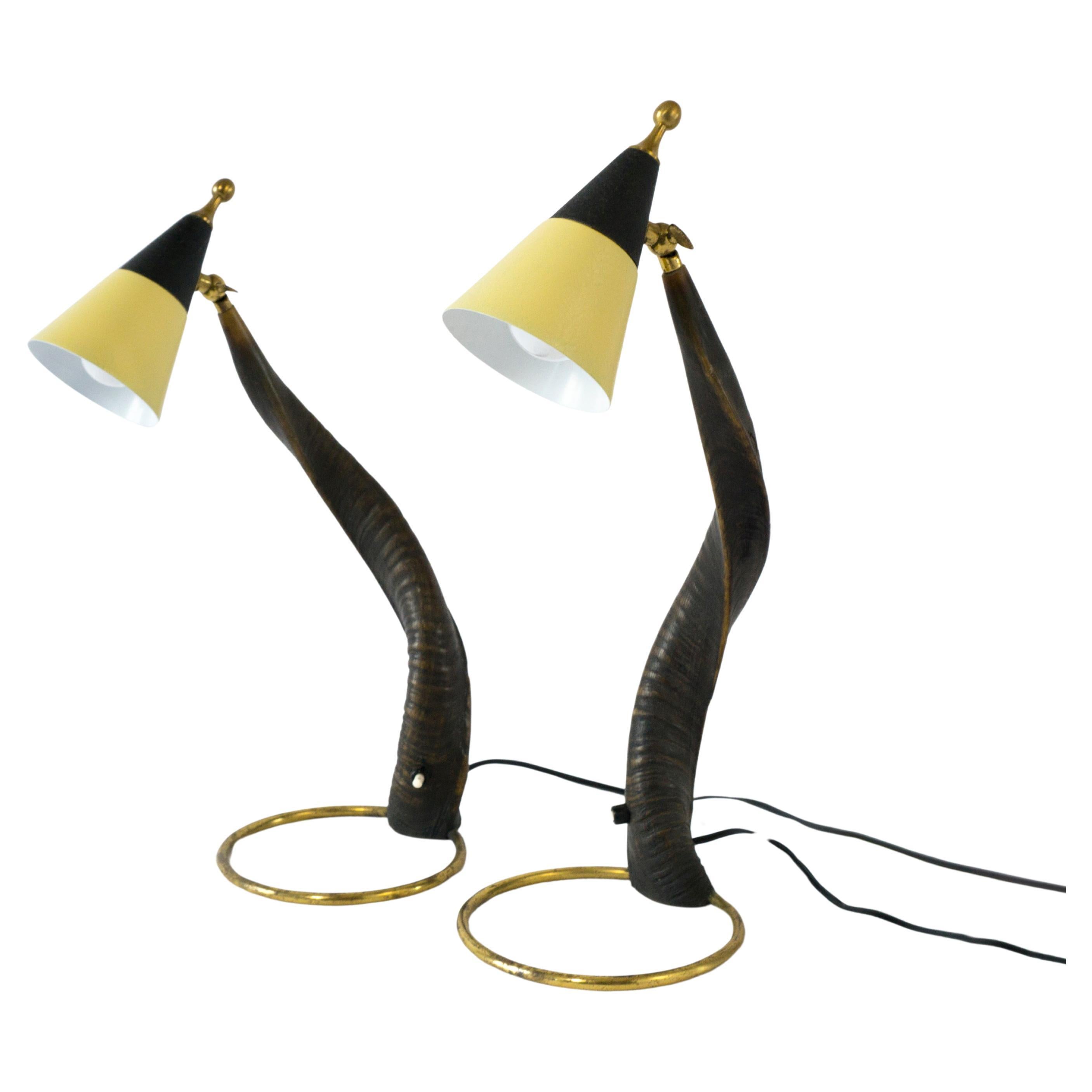  Pair of Vintage Mid Century 1950s Horn & Brass Bedside Table Lamps For Sale