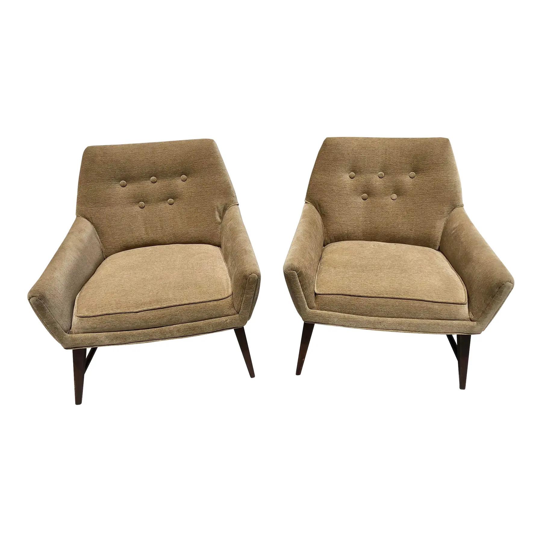 Vintage Mid Century Atomic Chairs. Tufted back and tapering legs complement the looks of these chairs. Newly upholstered in a neutral fabric.