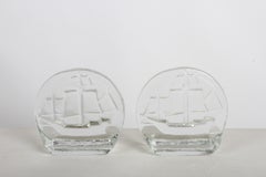 Pair of Vintage Mid-Century Blenko Clear Glass Clipper Ship Bookends