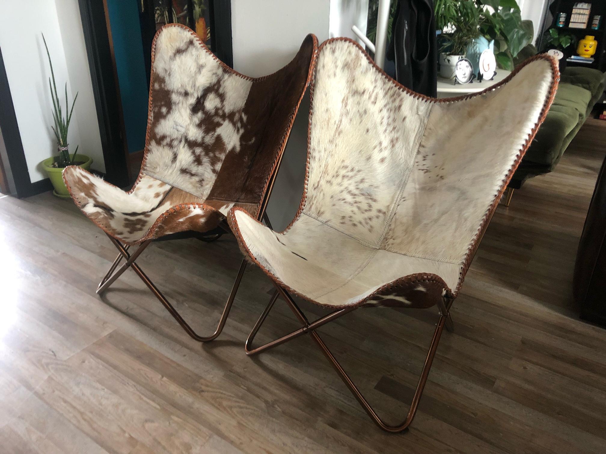 German Pair of Vintage Mid-Century Butterfly Armchairs, Cowhide and Platted Aluminum