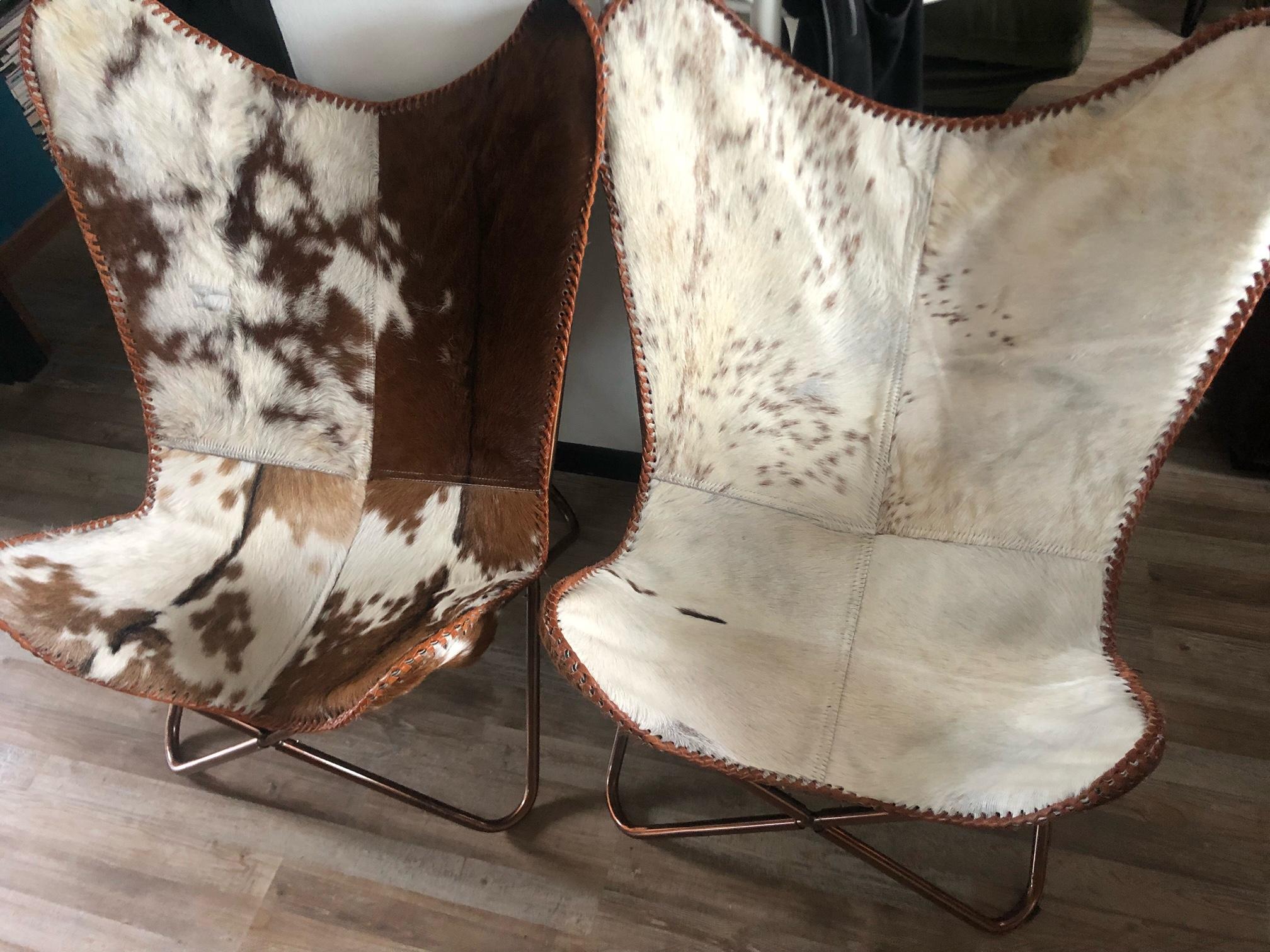 Plated Pair of Vintage Mid-Century Butterfly Armchairs, Cowhide and Platted Aluminum