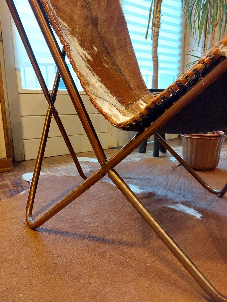 Pair of Vintage Mid-Century Butterfly Armchairs, Cowhide and Platted Aluminum 1