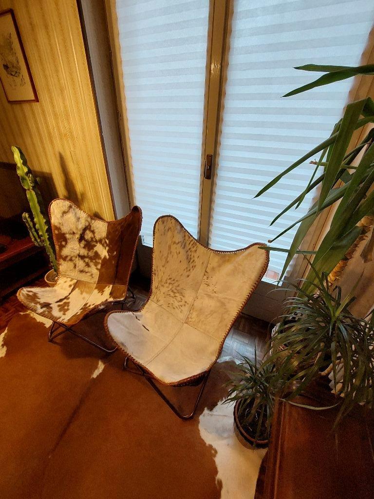 Pair of Vintage Mid-Century Butterfly Armchairs, Cowhide and Platted Aluminum 2