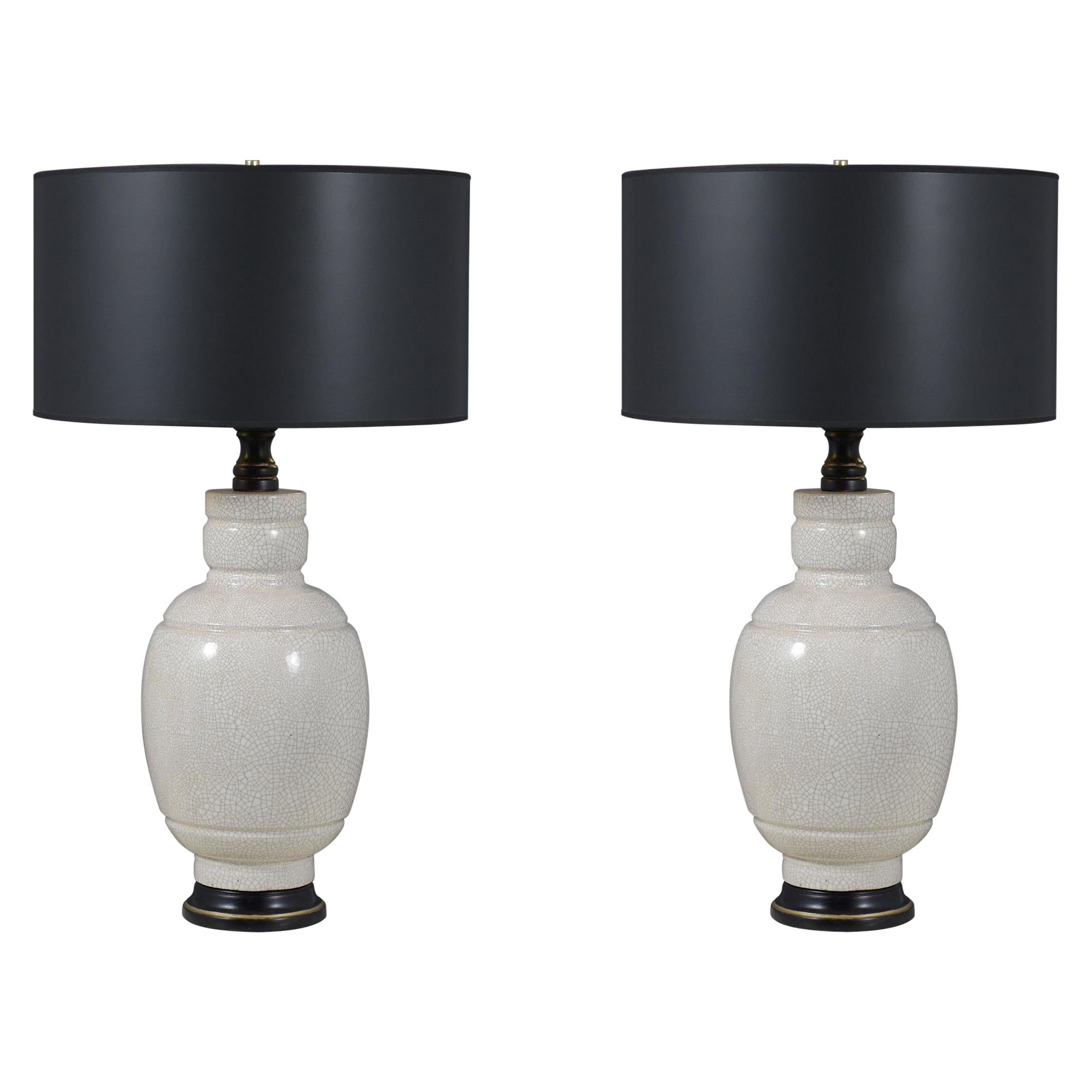 Restored 1960s Ceramic Table Lamps with Glazed Crackled Design & Ebonized Wood