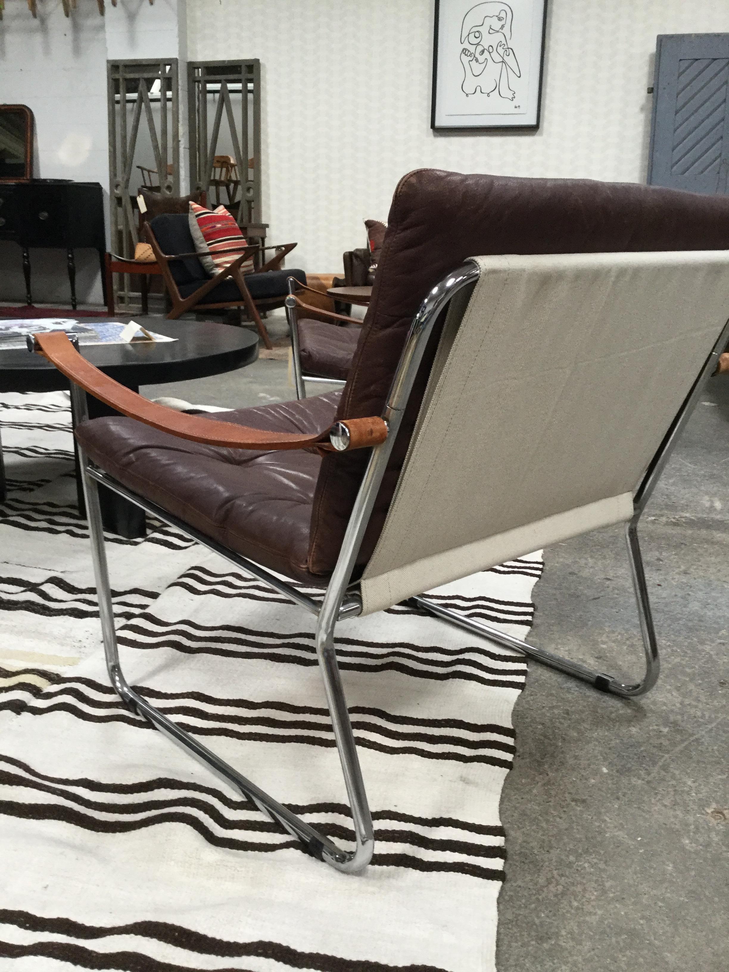 Pair of Vintage Midcentury Danish Leather and Metal Armchairs In Good Condition In Los Angeles, CA