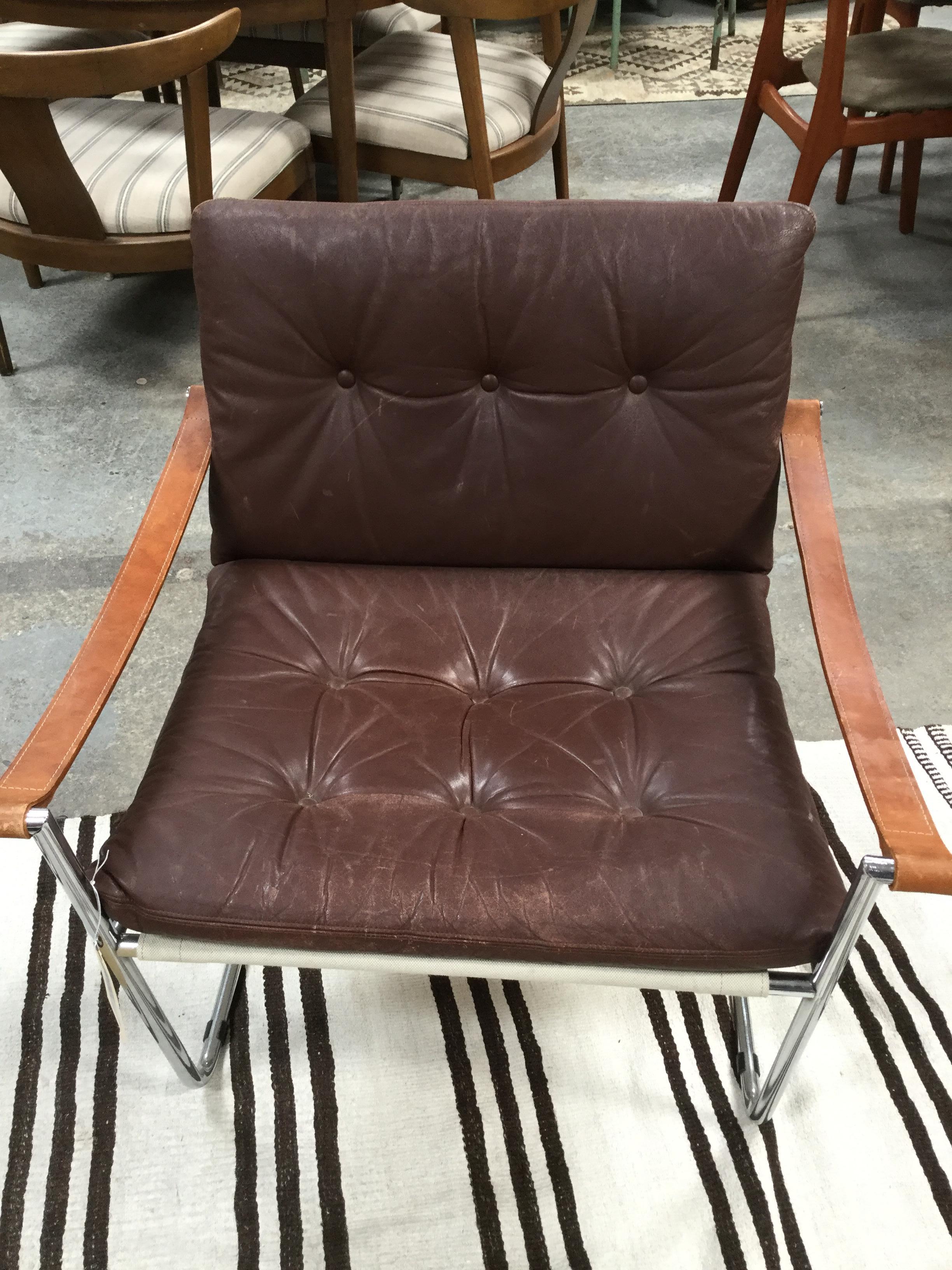 Mid-20th Century Pair of Vintage Midcentury Danish Leather and Metal Armchairs