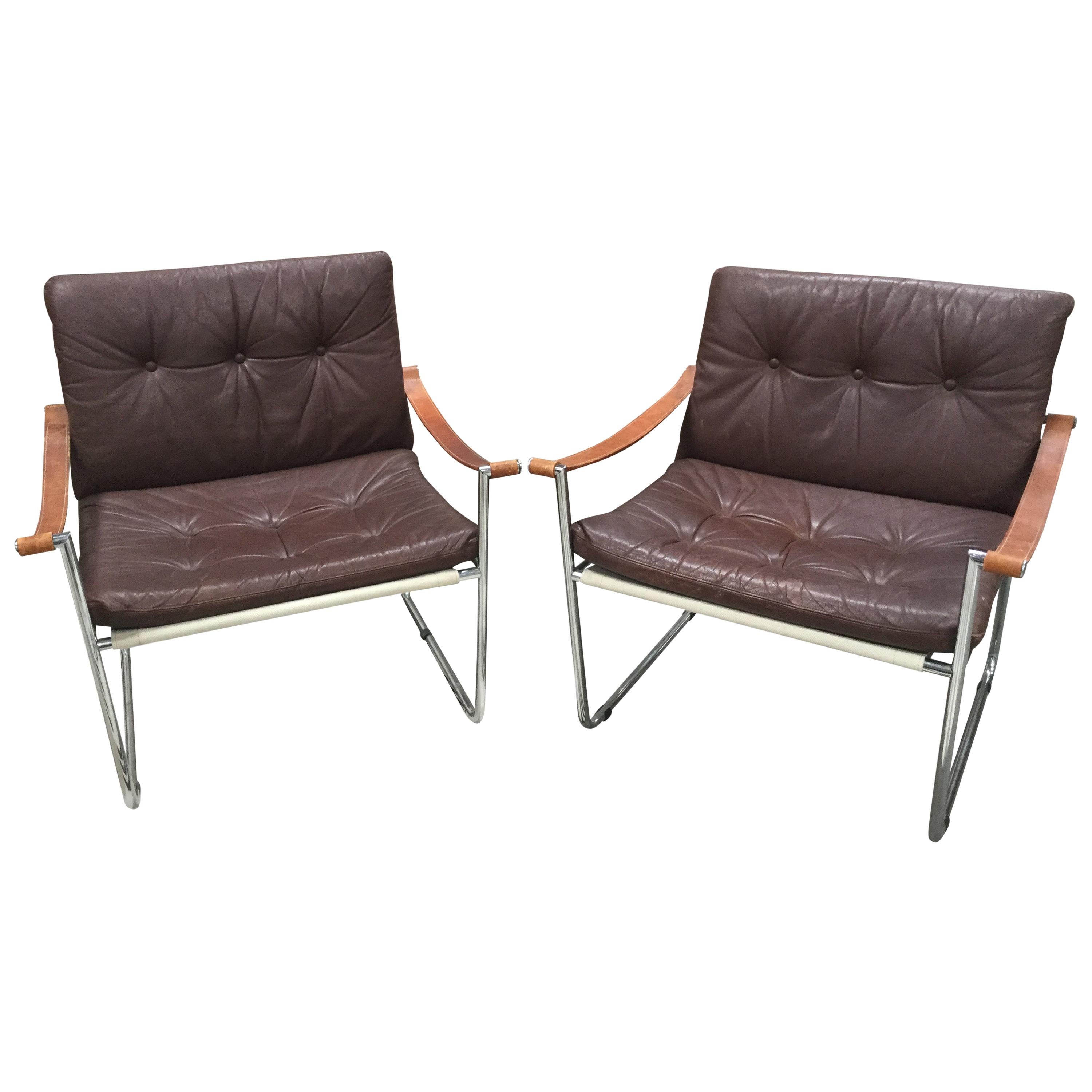 Pair of Vintage Midcentury Danish Leather and Metal Armchairs