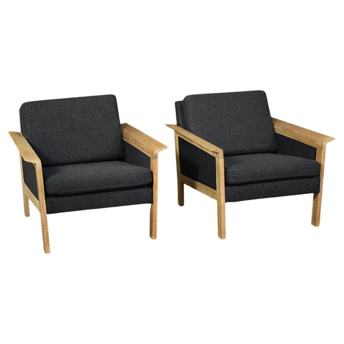Pair of Vintage Mid-Century Danish Modern Oak & Gray Felt Lounge Chairs, 1960s