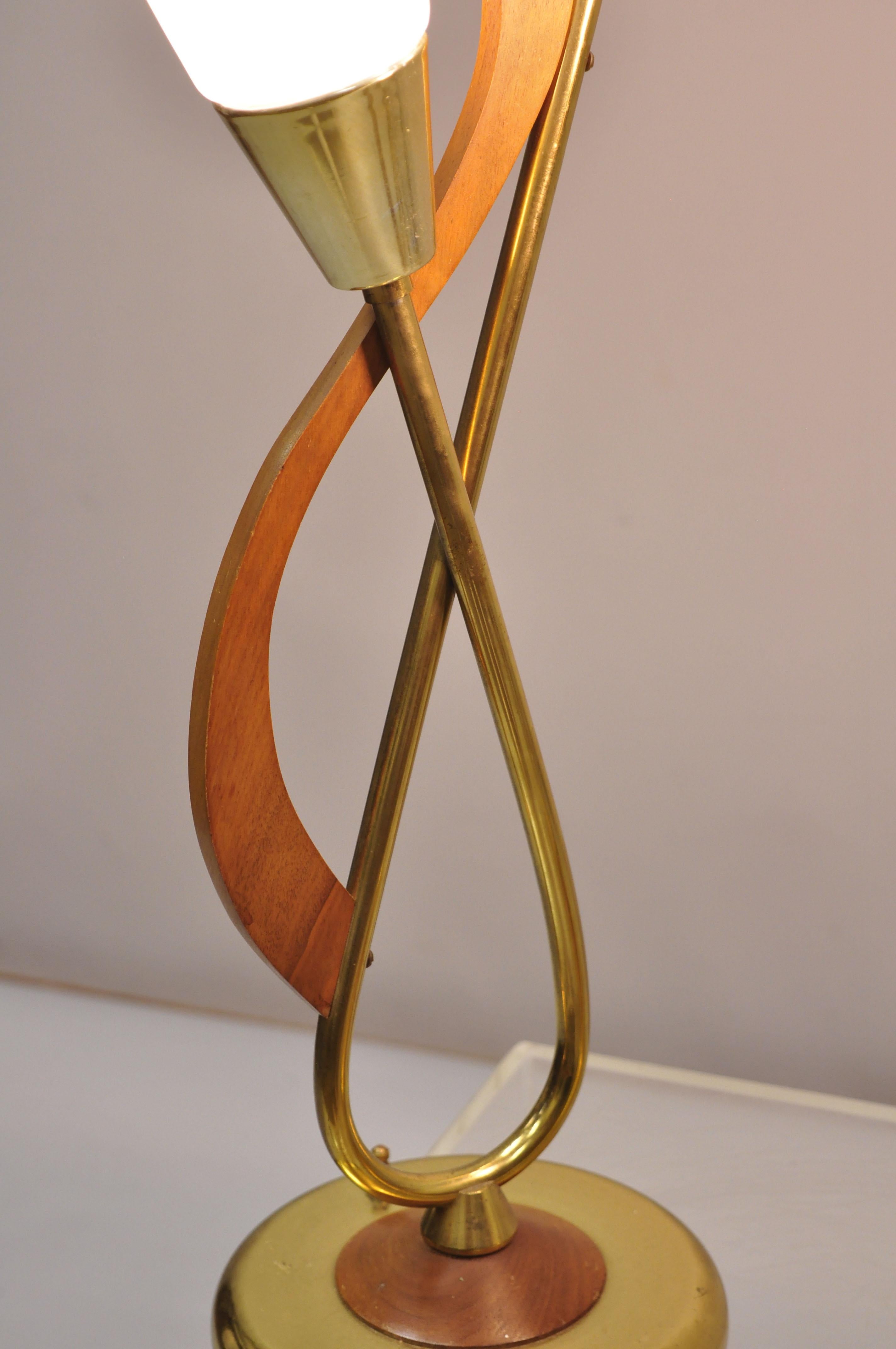 Pair of Vintage Midcentury Danish Modern Teak & Brass Atomic Era Table Lamps 5