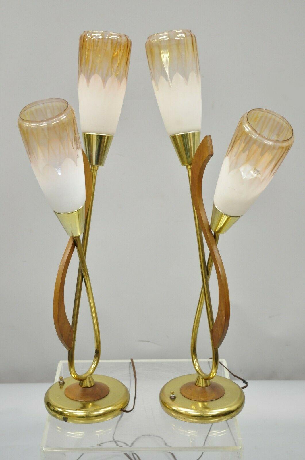 Pair of Vintage Midcentury Danish Modern Teak & Brass Atomic Era Table Lamps 6