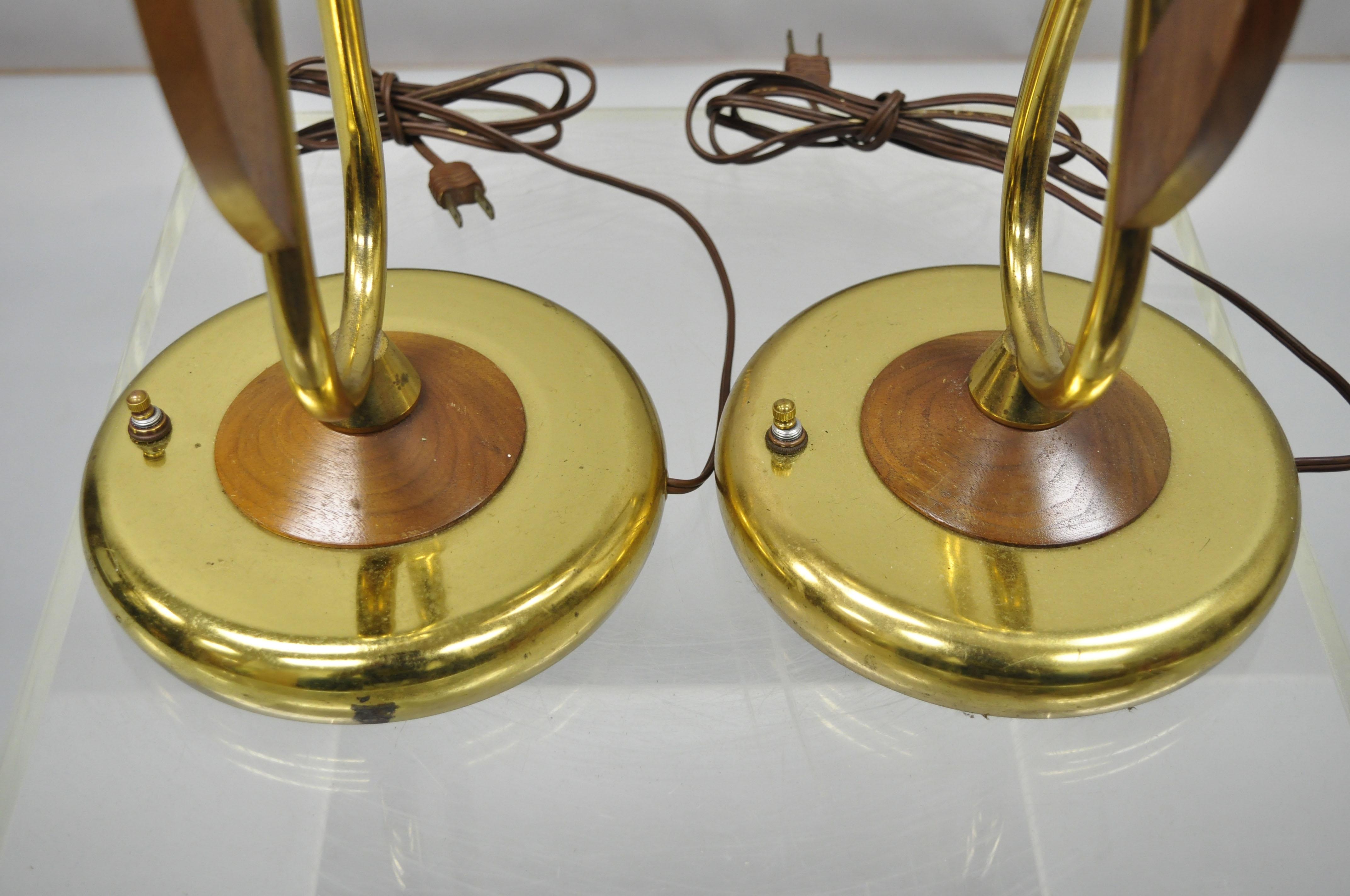 20th Century Pair of Vintage Midcentury Danish Modern Teak & Brass Atomic Era Table Lamps