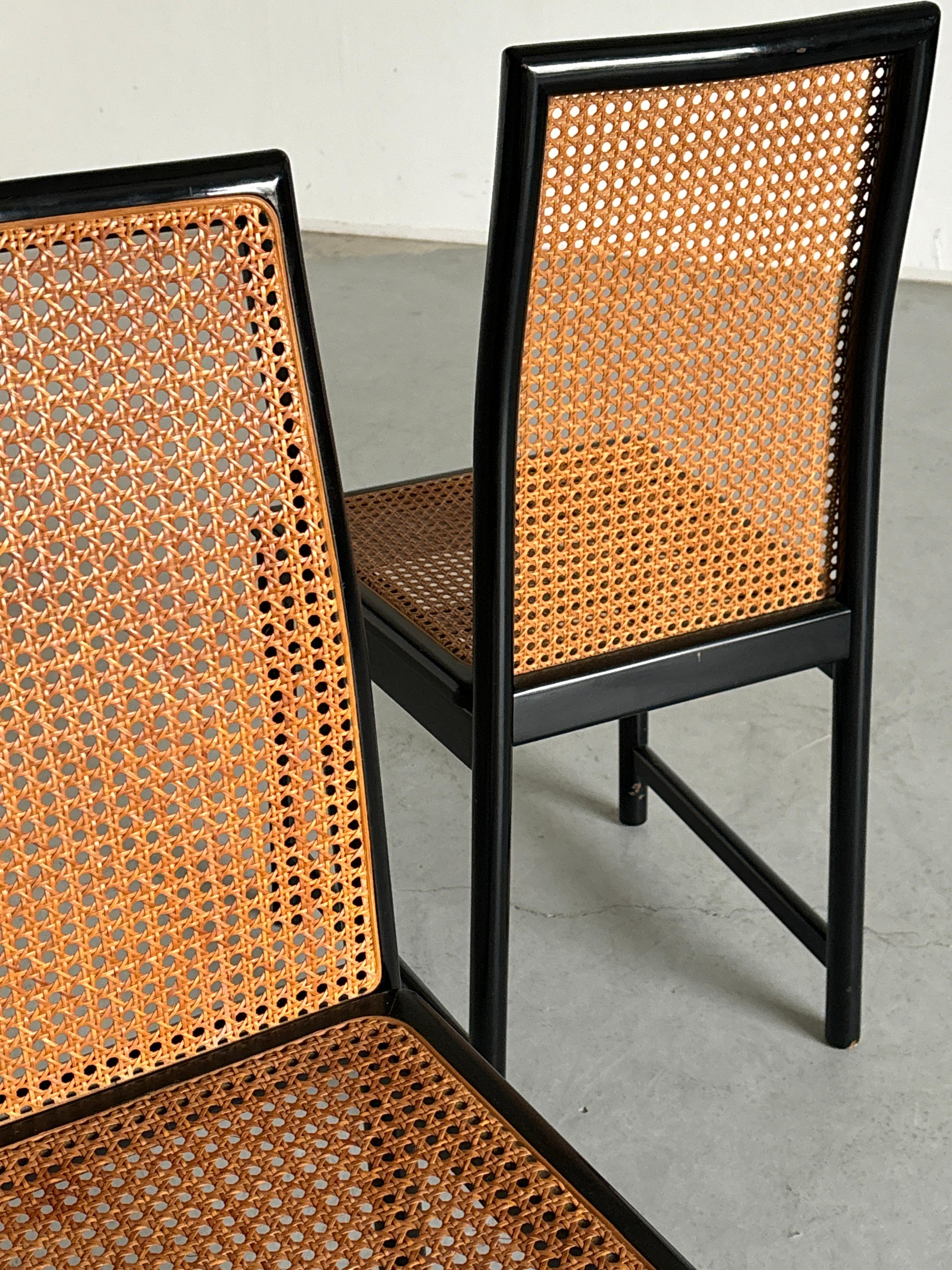 Pair of Vintage Mid-Century Dining Chairs in Black Lacquered Wood & Cane, Italy For Sale 3