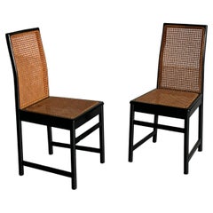 Pareja de Sillas de Comedor Vintage de Mediados de Siglo en Madera Lacada en Negro y Caña, Italia