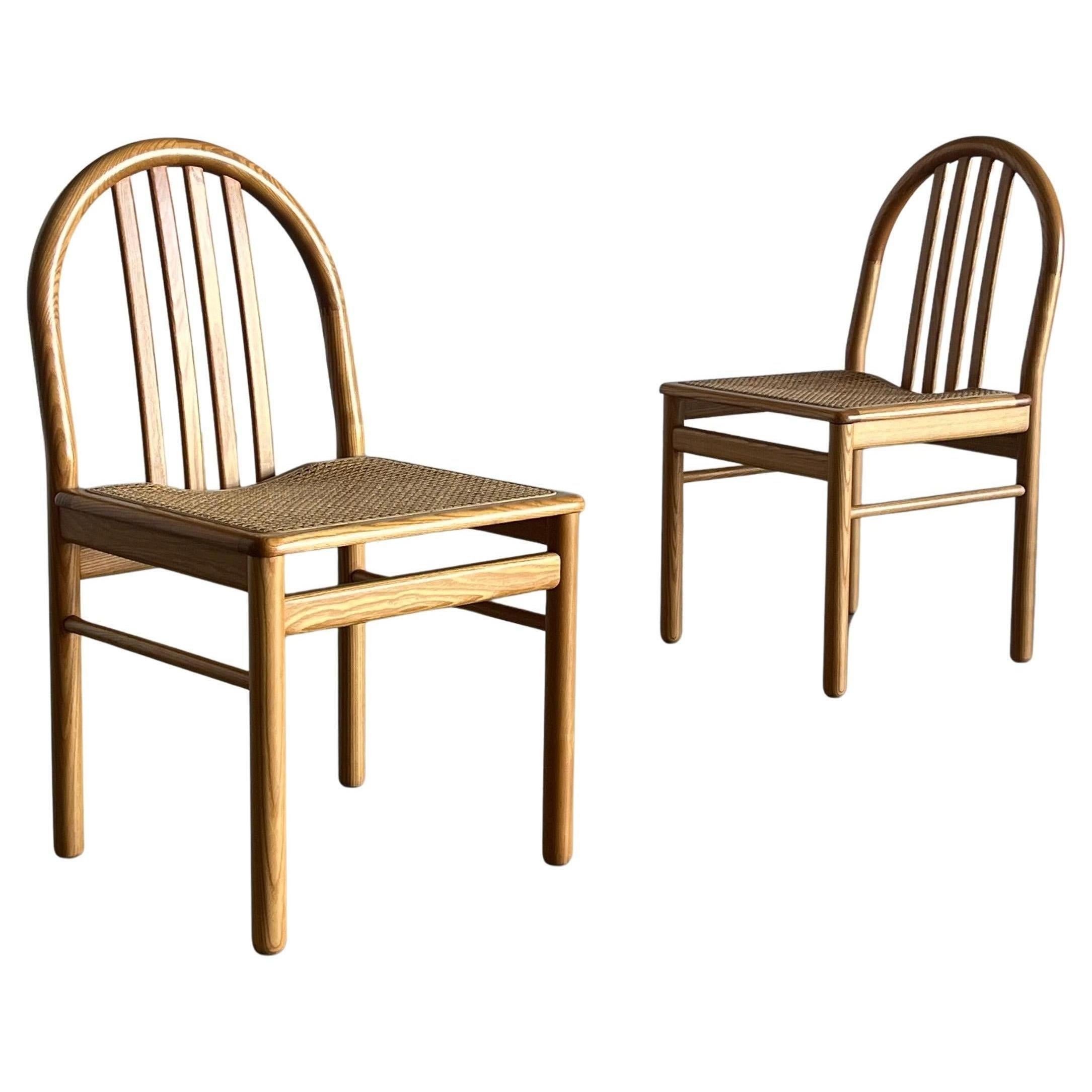 Pair of Vintage Mid-Century Dining Chairs in Lacquered Wood and Cane, Italy 80s