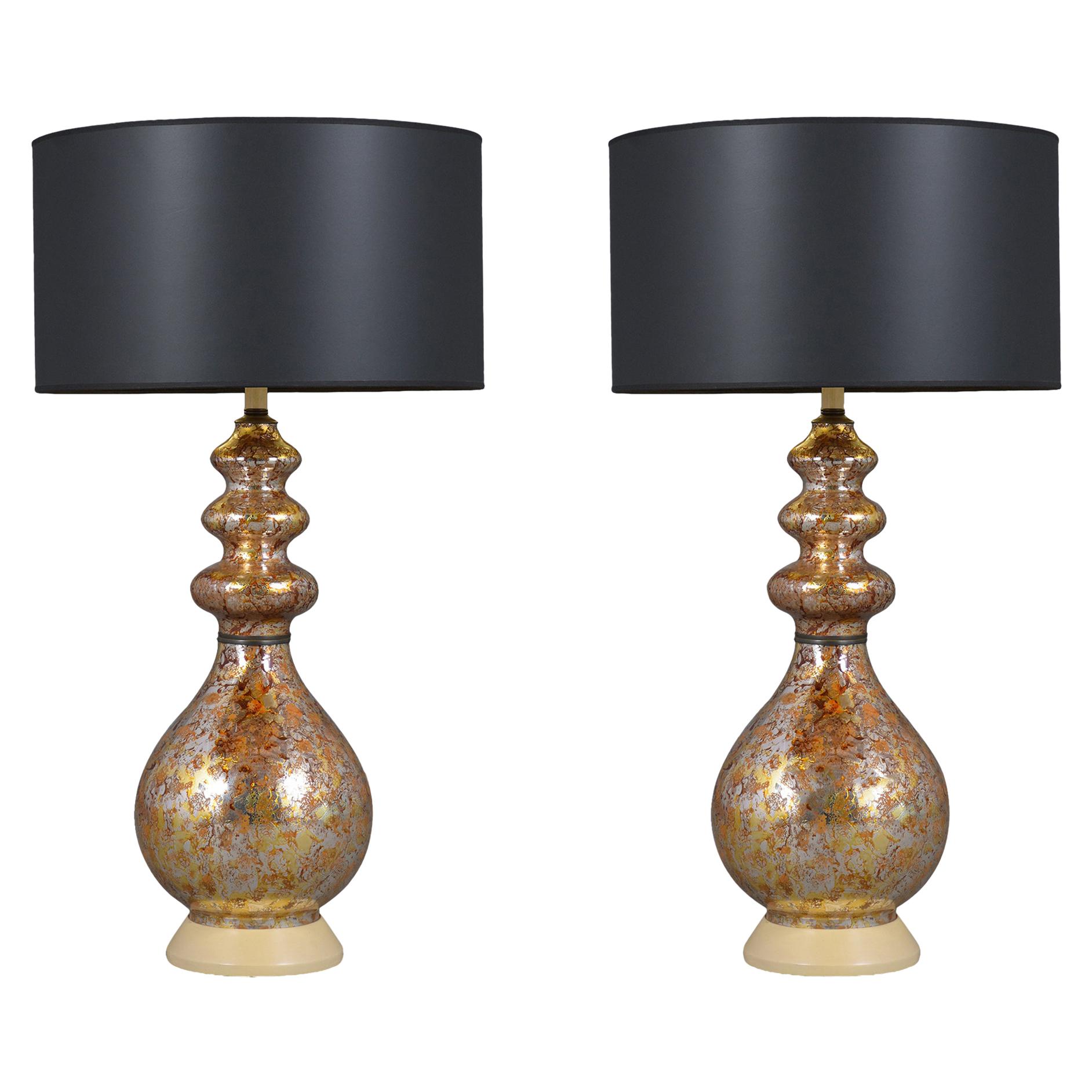 Pair of Modern Glass Table Lamps with Black & Gilt Shades - Vintage Elegance