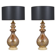 Pair of Modern Glass Table Lamps with Black & Gilt Shades - Vintage Elegance