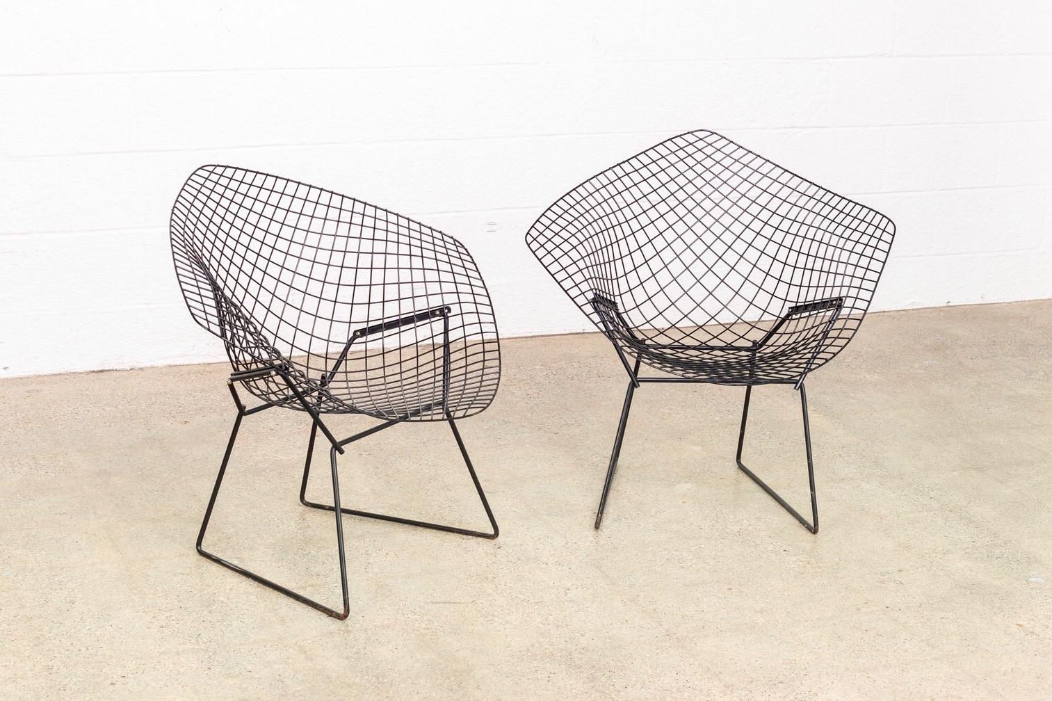Mid-20th Century Pair of Vintage Midcentury Harry Bertoia for Knoll Black Diamond Wire Chairs For Sale