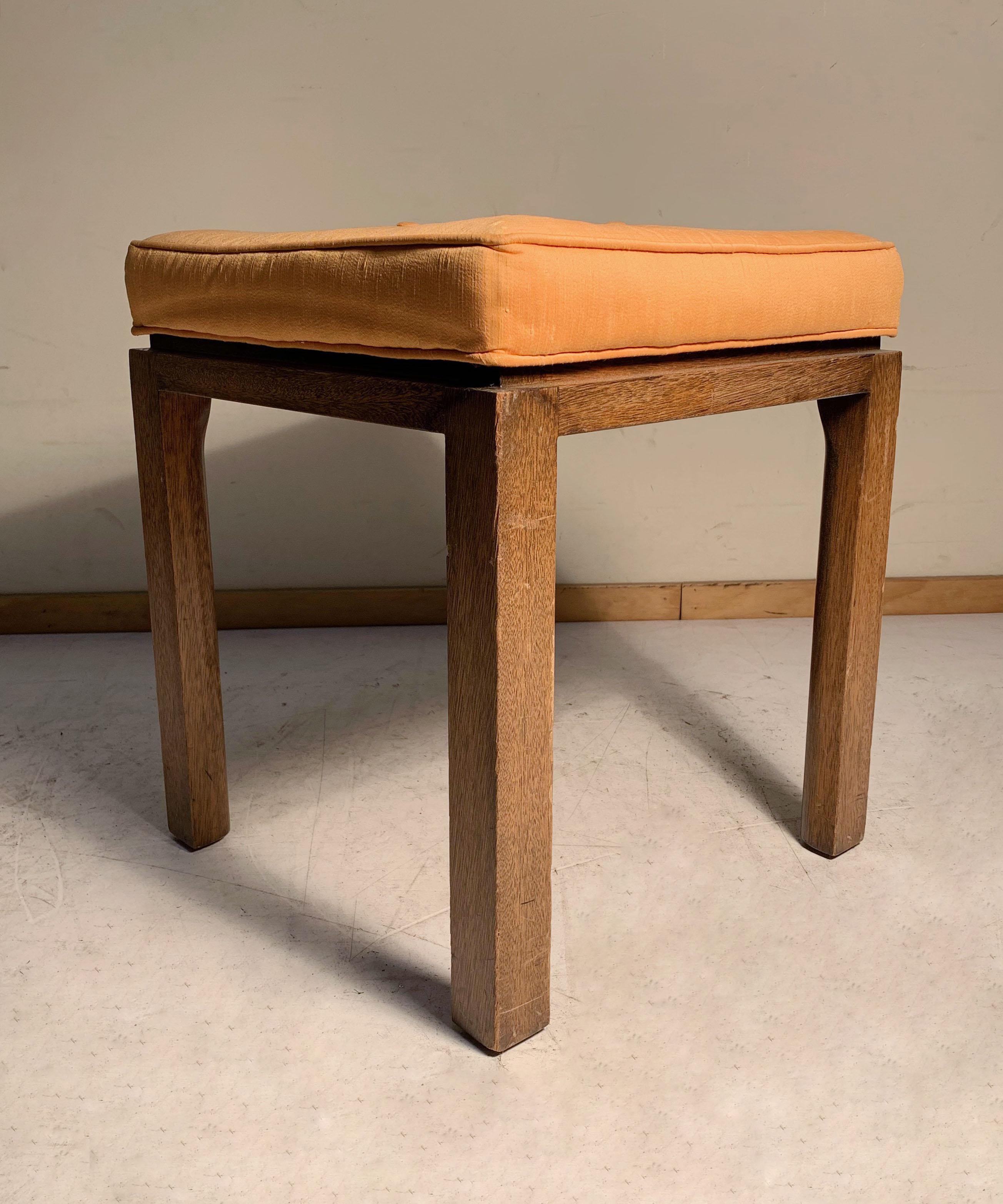 Pair of vintage midcentury stools attributed to Harvey Probber. Legs have a radius interior side. I believe these most likely need re-upholstery. Some wear to the wood bases as well. In the manner of Milo Baughman and Edward Wormley for Dunbar