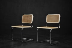 Pair of Vintage Mid-Century Italian Modern White Wood & French Wicker Chairs