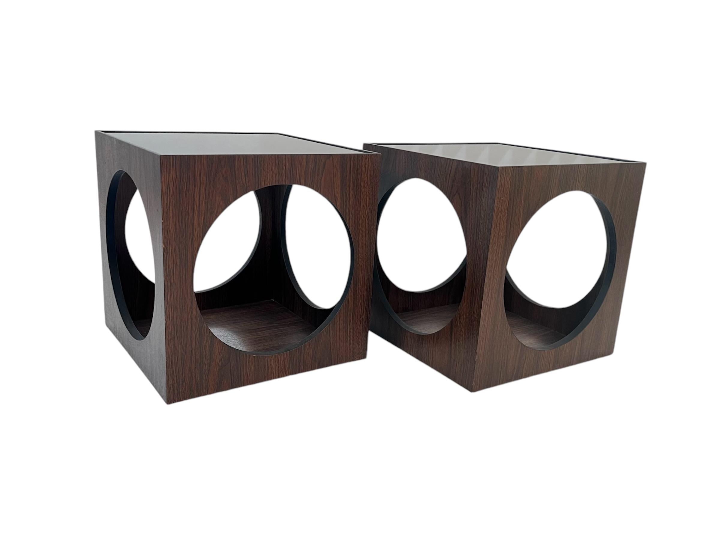Pair of Vintage Mid Century Lane Smoked Glass Cube End Tables 3