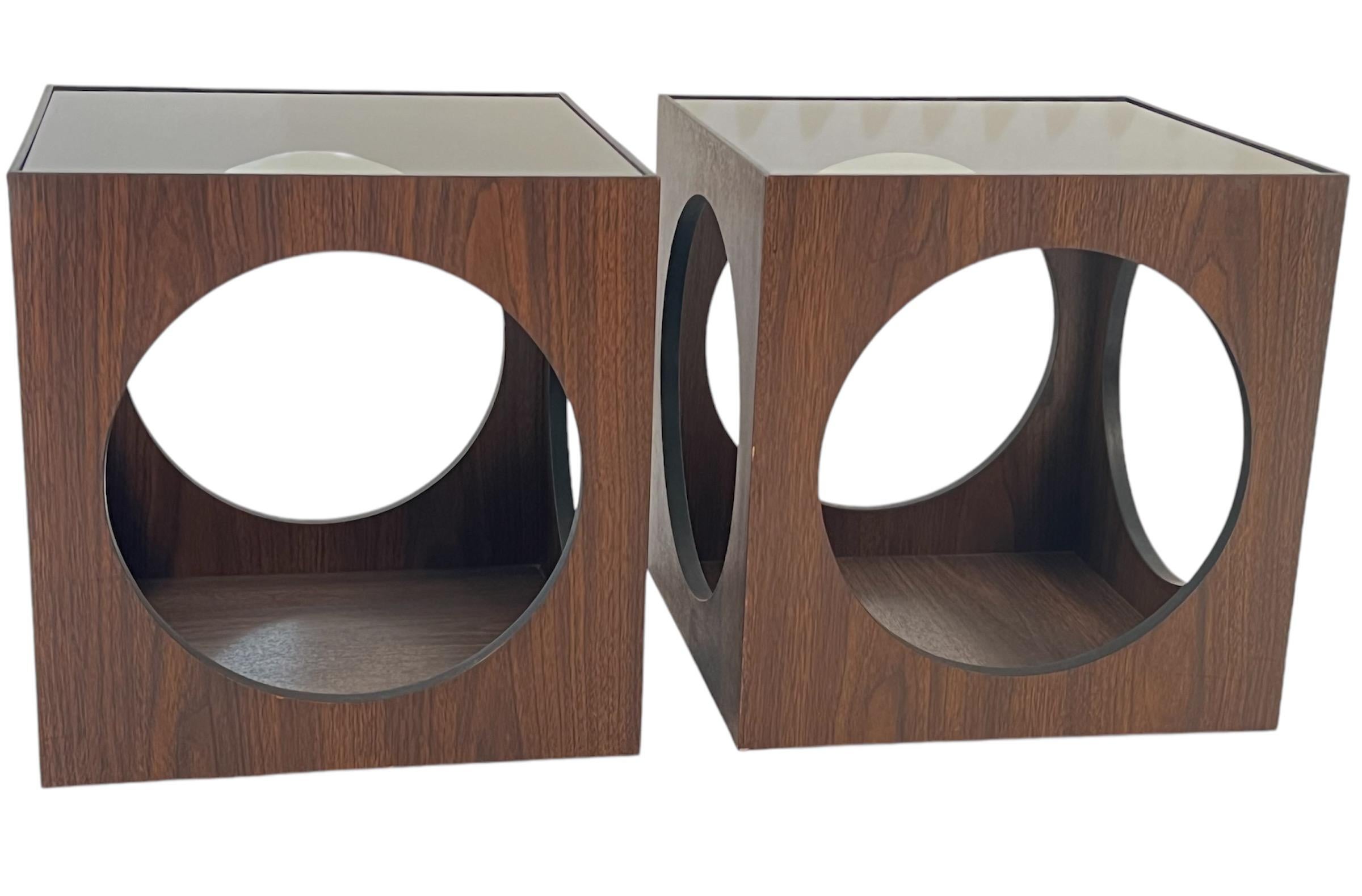 Hand-Crafted Pair of Vintage Mid Century Lane Smoked Glass Cube End Tables