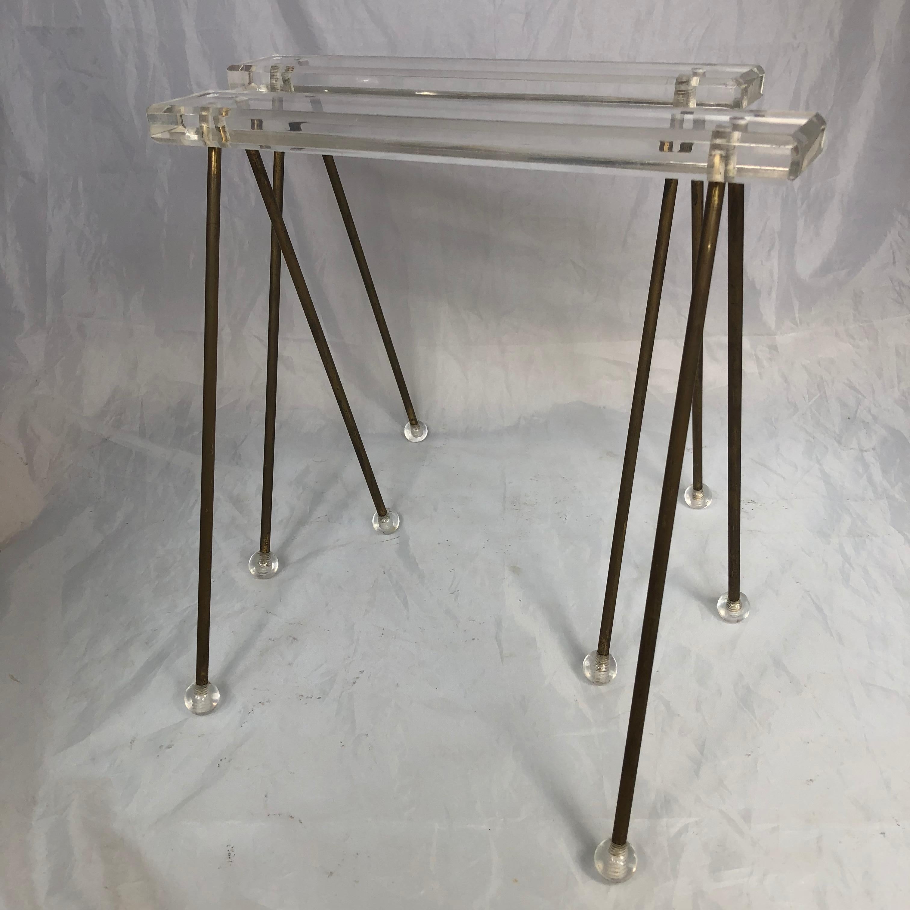 Pair Of Vintage Mid-Century Modern Brass And Lucite Stands Or Tray Racks 3