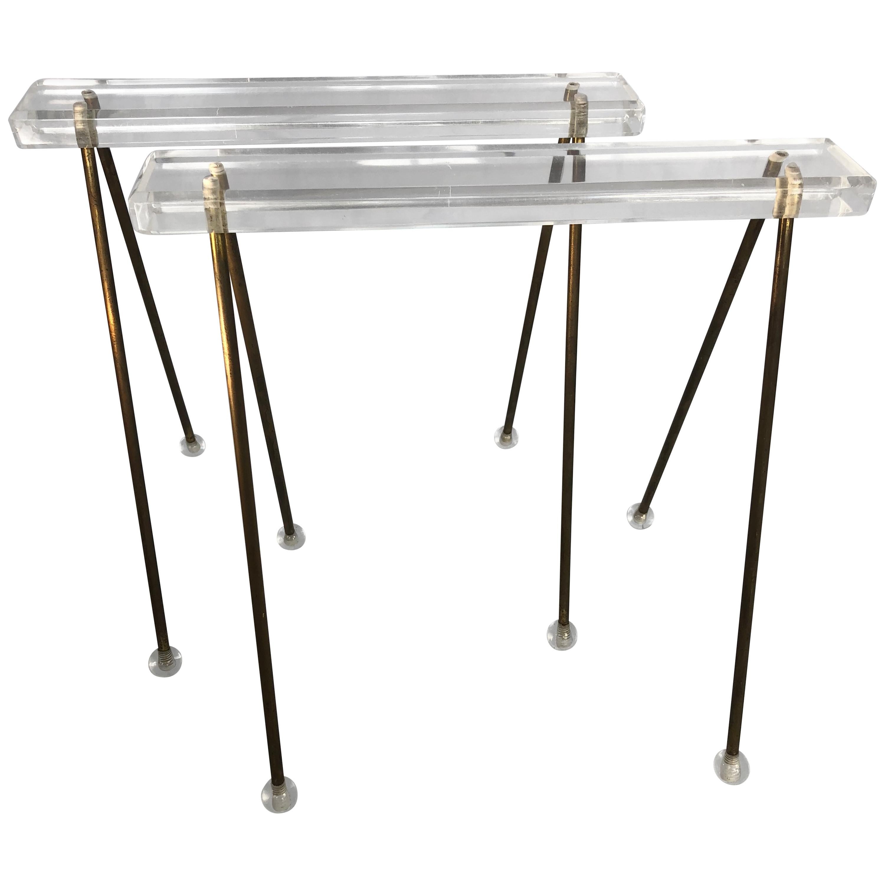 Pair Of Vintage Mid-Century Modern Brass And Lucite Stands Or Tray Racks